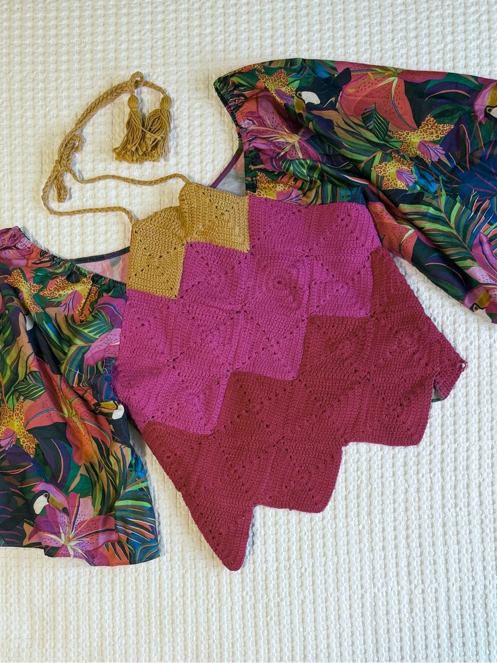 Anthropologie “Farm” Floral Pink, Red & Mustard Crochet Halter Camisole - L